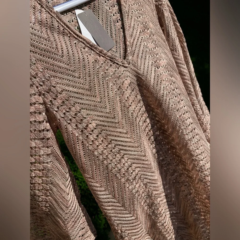 Elif Open Knit V Neck Shiny Metallic Pink Grey Swim Cover Up Tunic Bell Sleeves